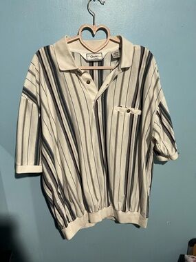 Classic Striped Short-Sleeve Polo - White with Navy & Brown Stripes